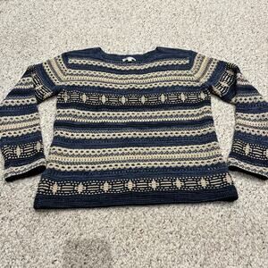 Orvis Linen Blend Open Knit Sweater Sz L Blue Cream Coastal Artsy Lightweight